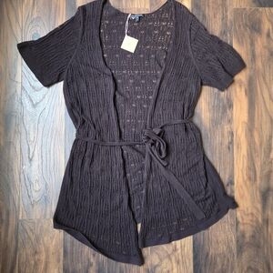 Eileen Fisher Dark Brown Openwork Short-Sleeve Belted Cardigan